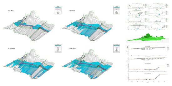 Imágenes de la fase de la verificación hidráulica de una pasarela peatonal sobre el cauce de un río (trabajo de Héctor Beade en Arenas & Asociados).